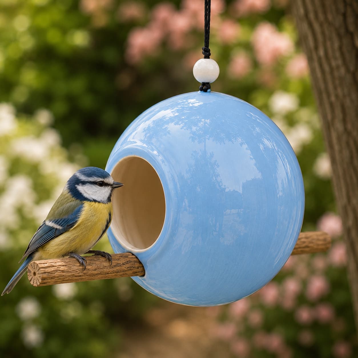 Ceramic bird feeder with bird